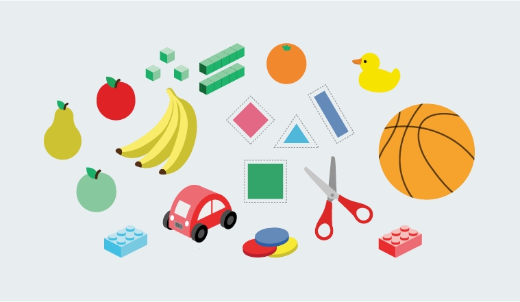 illustration of several children's objects including fruits, scissors, and shapes