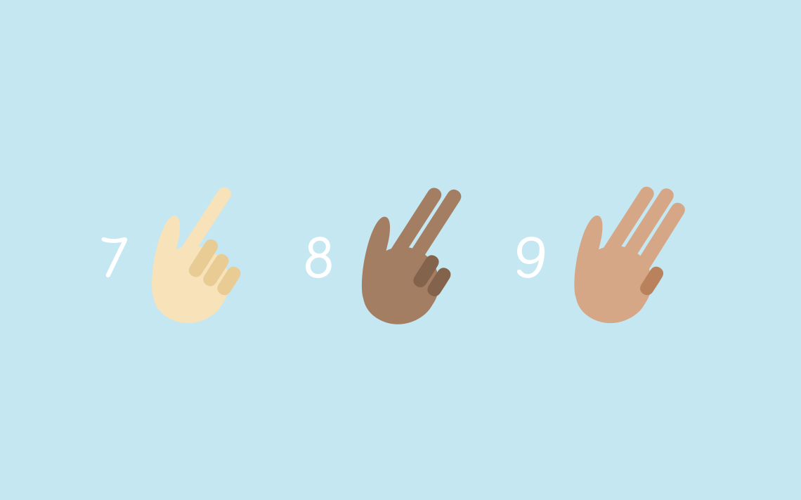 three different hand symbols showing the signs for 7, 8, and 9 in sign language