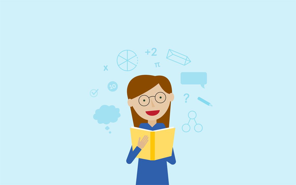 A maths mastery student reading a book with maths symbolism floating around her head