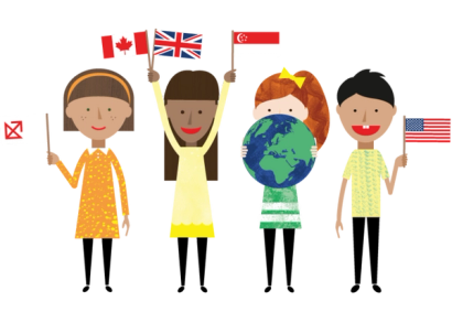 Four pupils standing holding flags and a globe