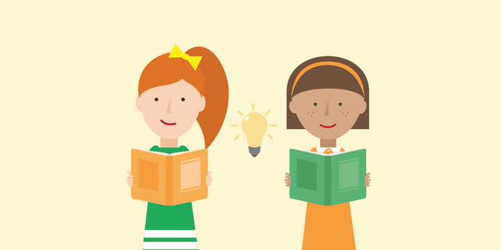 two maths mastery students standing reading books with a lit up lightbulb between them