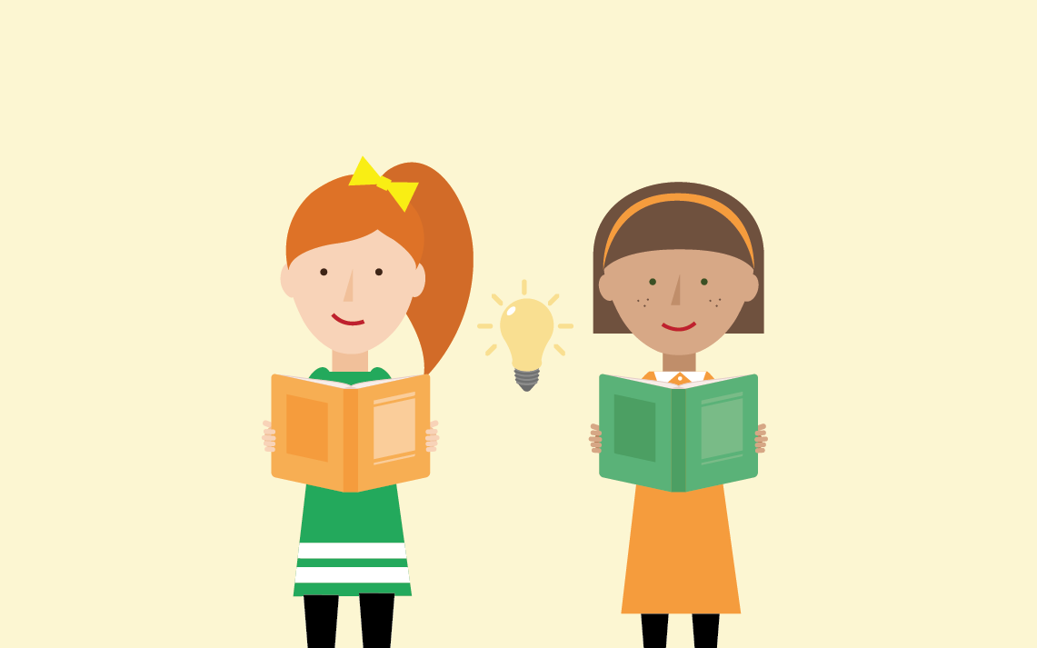 two maths mastery students standing reading books with a lit up lightbulb between them