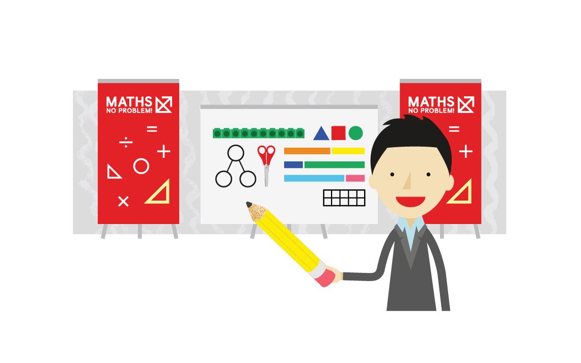 Dr Yeap Ban Har holding a large pencil in front of a presentation board with Maths — No Problem! banners on either side