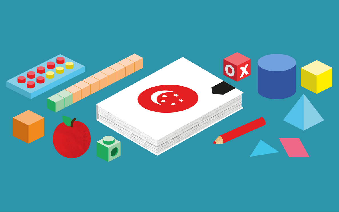 An array of maths learning materials like shapes, linking cubes, and a textbook with singapore moon and stars in a circle on it