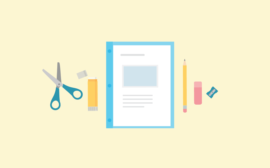 a pair of scissors, a glue stick, a workbook, a pencil, eraser, and a pencil sharpener