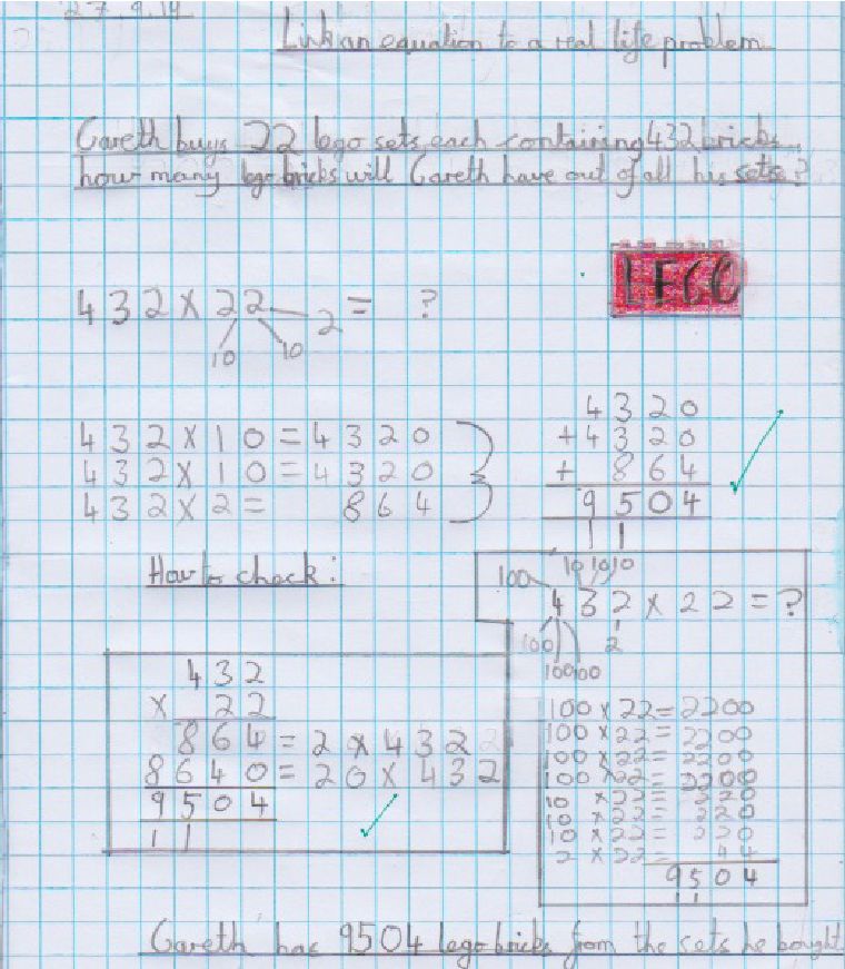 word problem in pupils maths journal with multiplication working out the answer