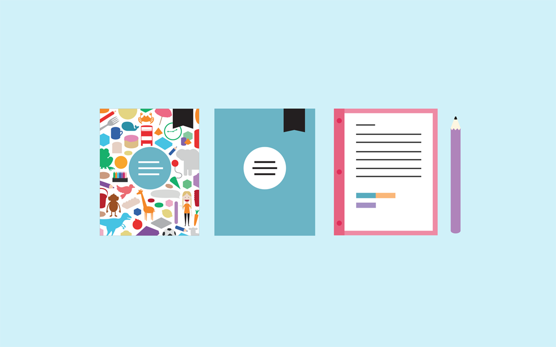 three books and a purple pencil. The first book is a Maths — No Problem! textbook, then a workbook, then a notebook.