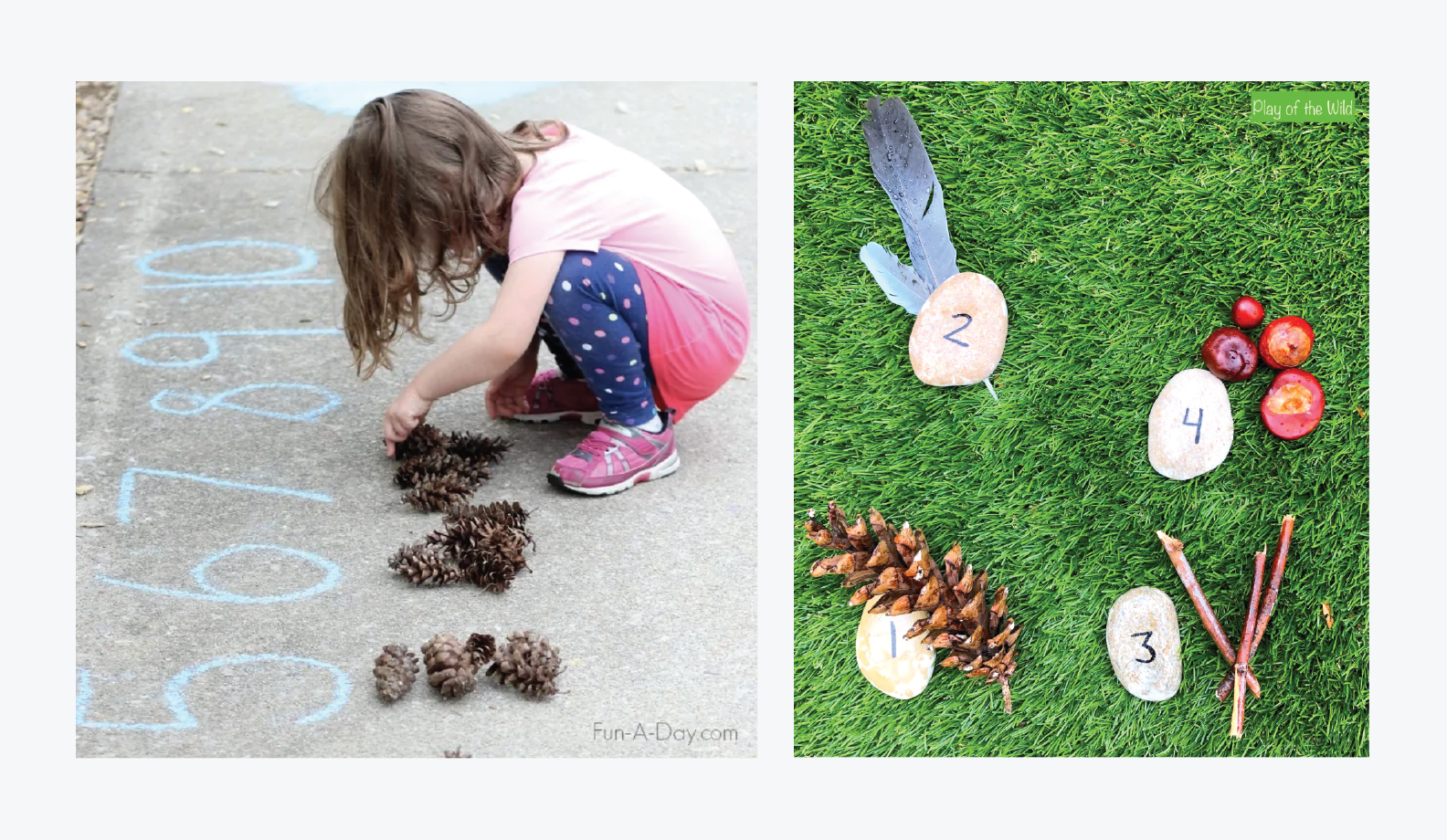 Two images side by side. The left shows a girl using pine cones to identify numbers. The right shows four items on the grass with number signs next to them