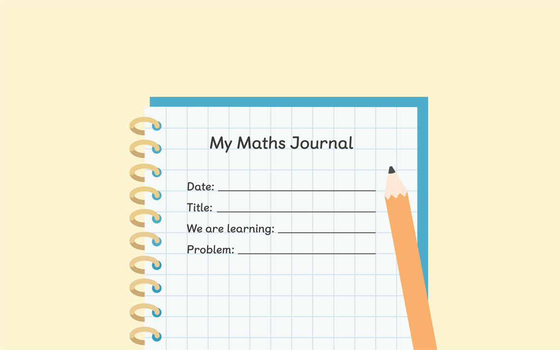 A notebook of grid paper containing a maths journal with fields for date, title, "what we are learning" and problem. 