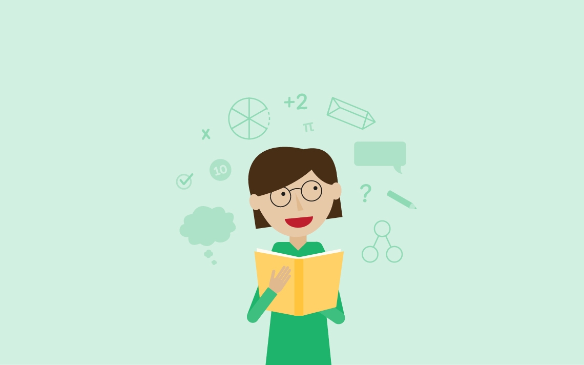 a maths teacher reading a book with various mathematical symbols floating around her head