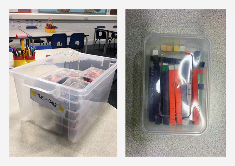 Sets of Maths Base 10 blocks are shown organised in individual containers. These containers are then shown stacked in a larger storage container.