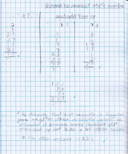 A journal entry where a pupil asks “did the sum of the whole numbers match the total if you added all the decimals and then rounded the answer?” and reasoned why the answers were different
