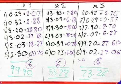 A whiteboard displays the various products a class came up with after arranging the digits 0, 2, 3 and 9 into an expression