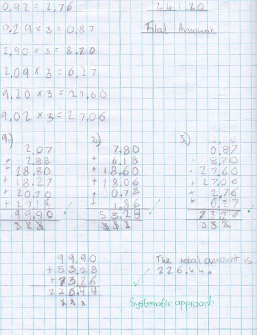 A journal entry where 3 groups were added up and the 3 totals were combined to work out a final total, all with clear working