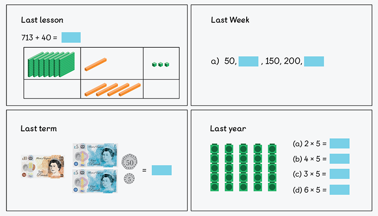 Four examples of maths retrieval practice using number blocks, currency, numbers, and number lines
