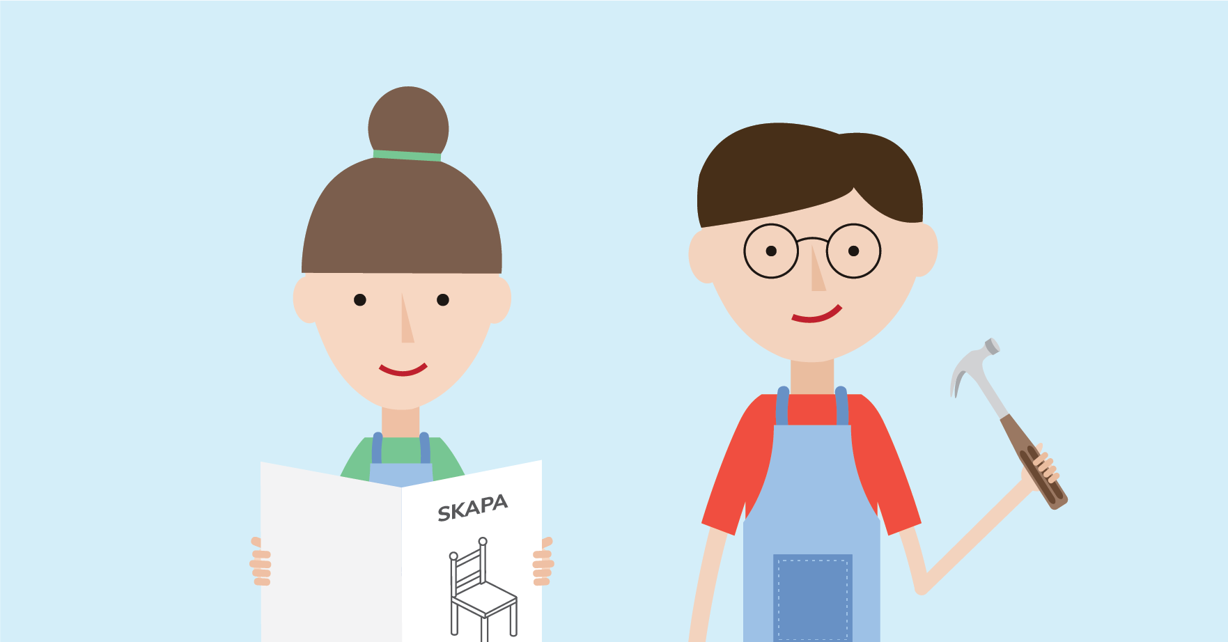 two pupils holding furniture instructions and hammer ready to build