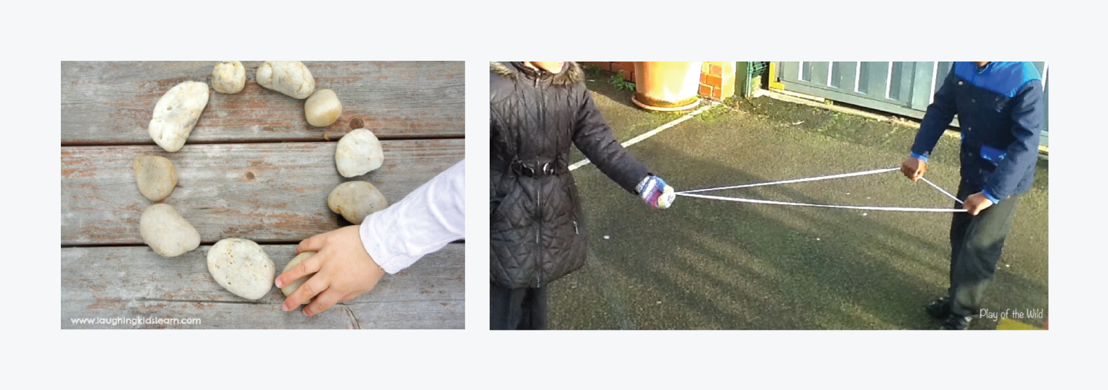 A circle of rocks and a pair of students holding a string to form a triangle