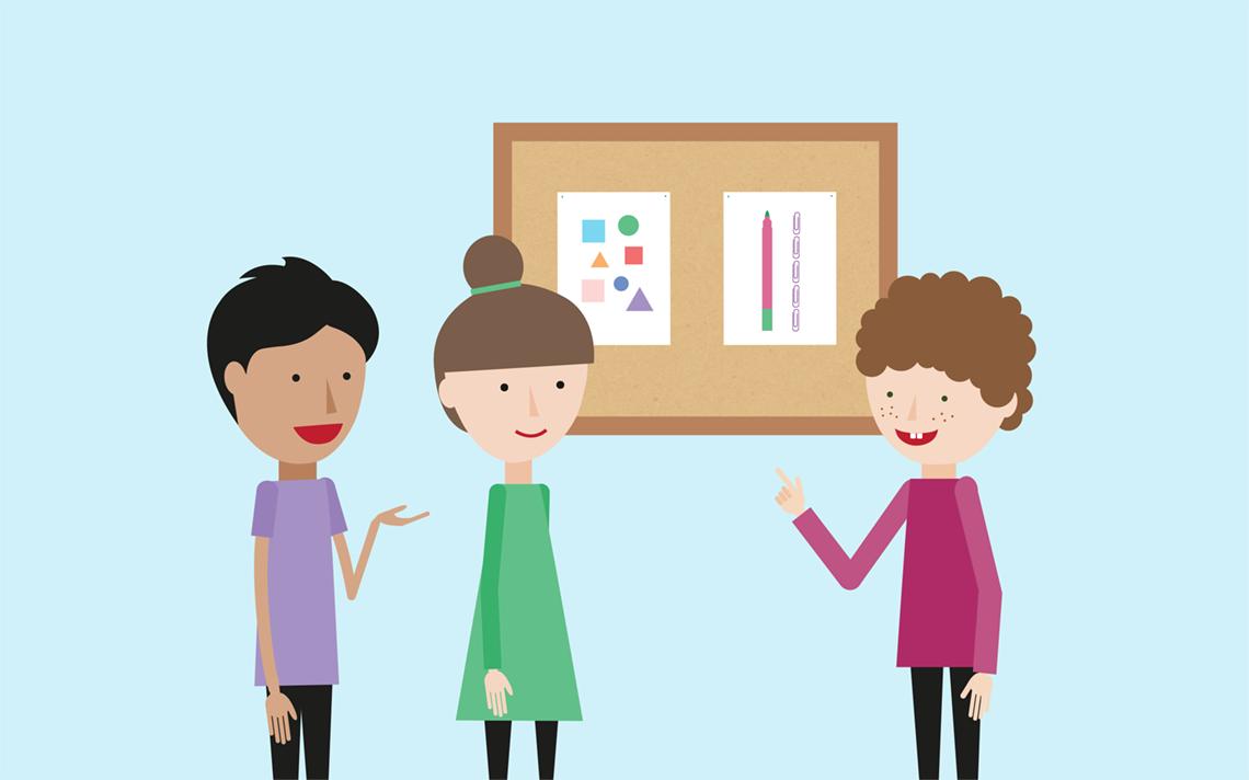 three pupils having a discussion about shapes and length