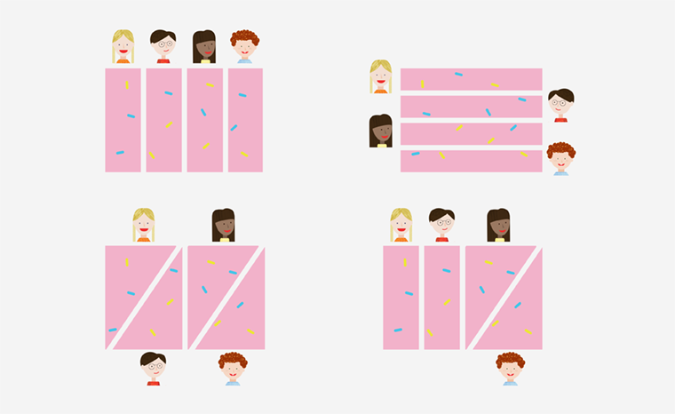 Four children explore different ways to cut a cake into four equal parts.