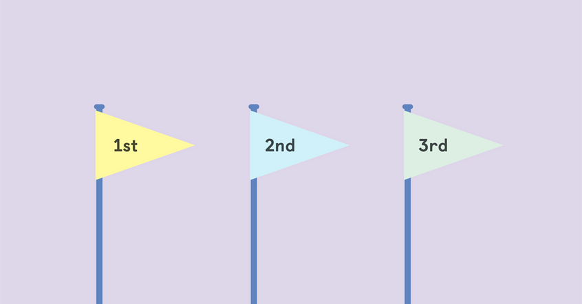 Three flags in different colours labeled 1st, 2nd and 3rd