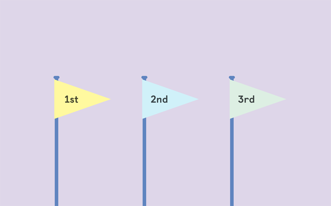 Three flags in different colours labeled 1st, 2nd and 3rd