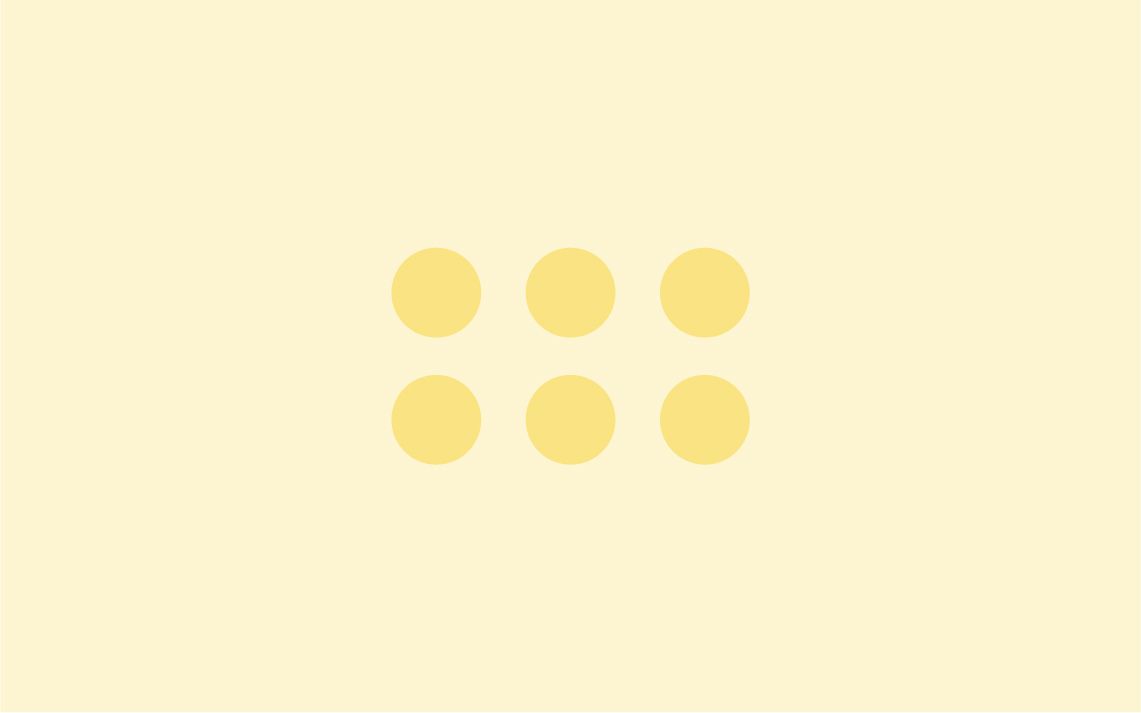 six yellow circles arranged in a 3 by 2 grid