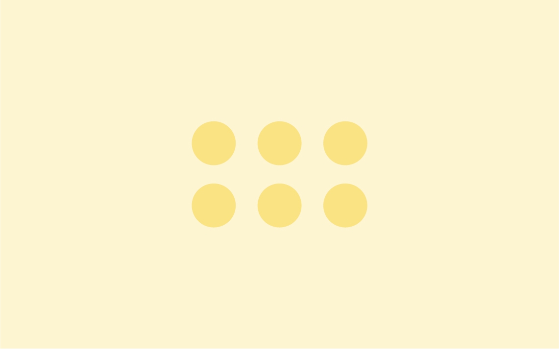 six yellow circles arranged in a 3 by 2 grid