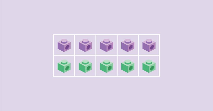 two rows of five linking cubes, the first row is purple, the second row is green