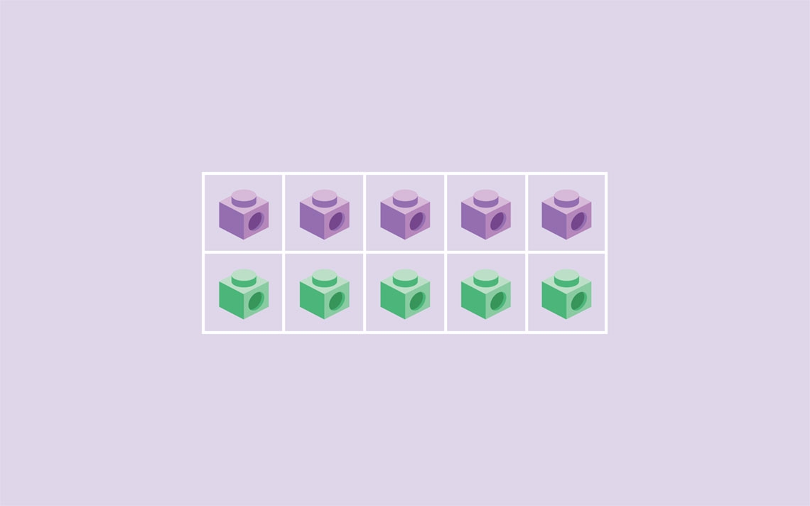 two rows of five linking cubes, the first row is purple, the second row is green