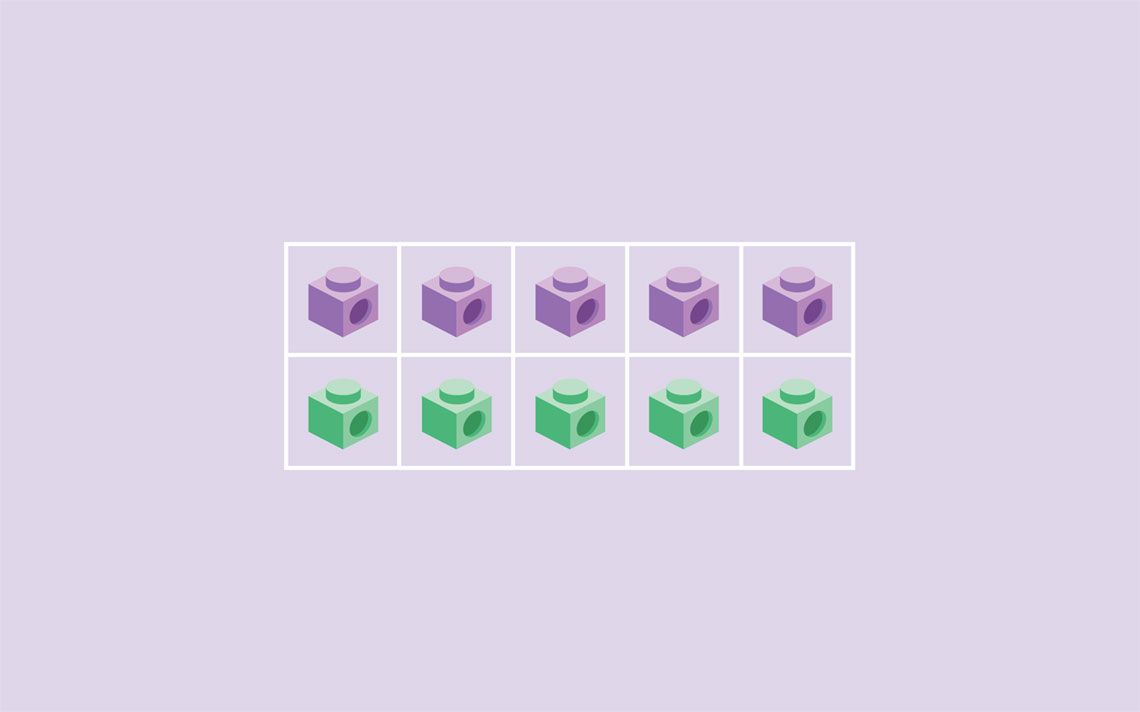 two rows of five linking cubes, the first row is purple, the second row is green