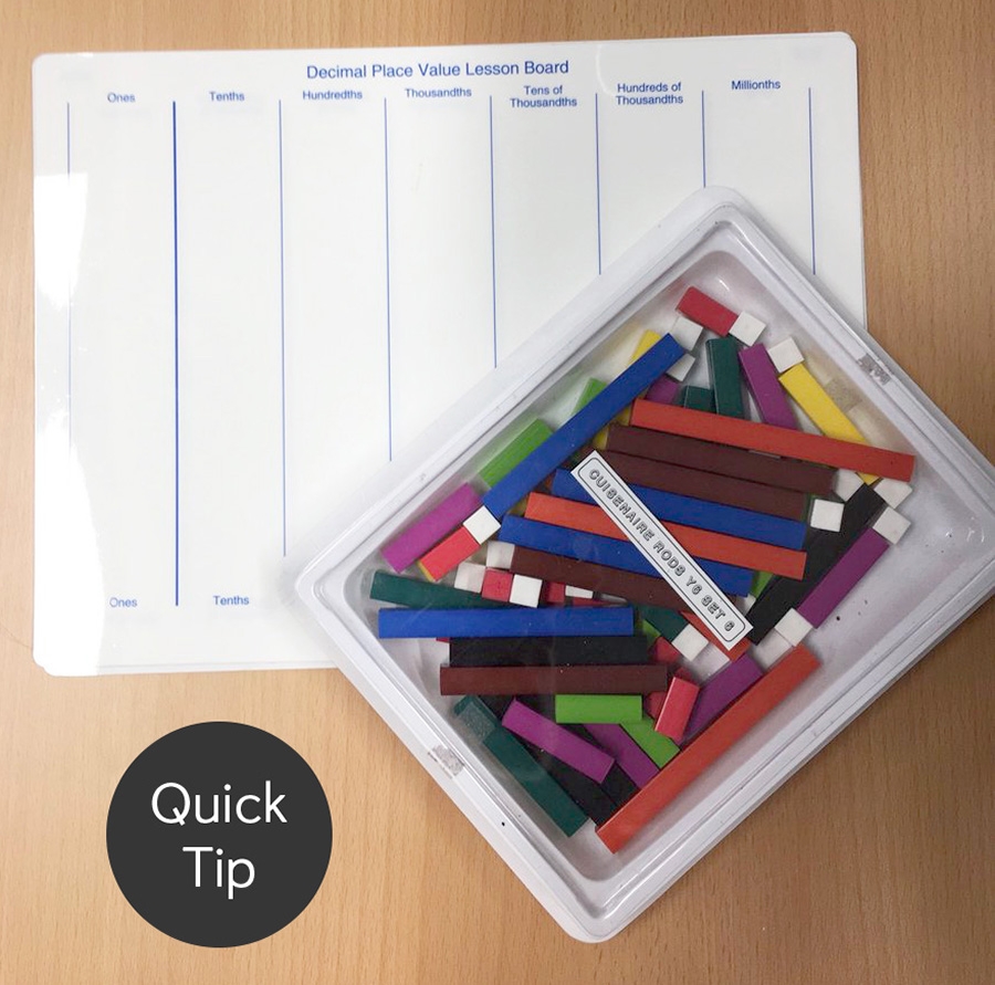 A container of manipulative rods sit on top of a laminated place value chart