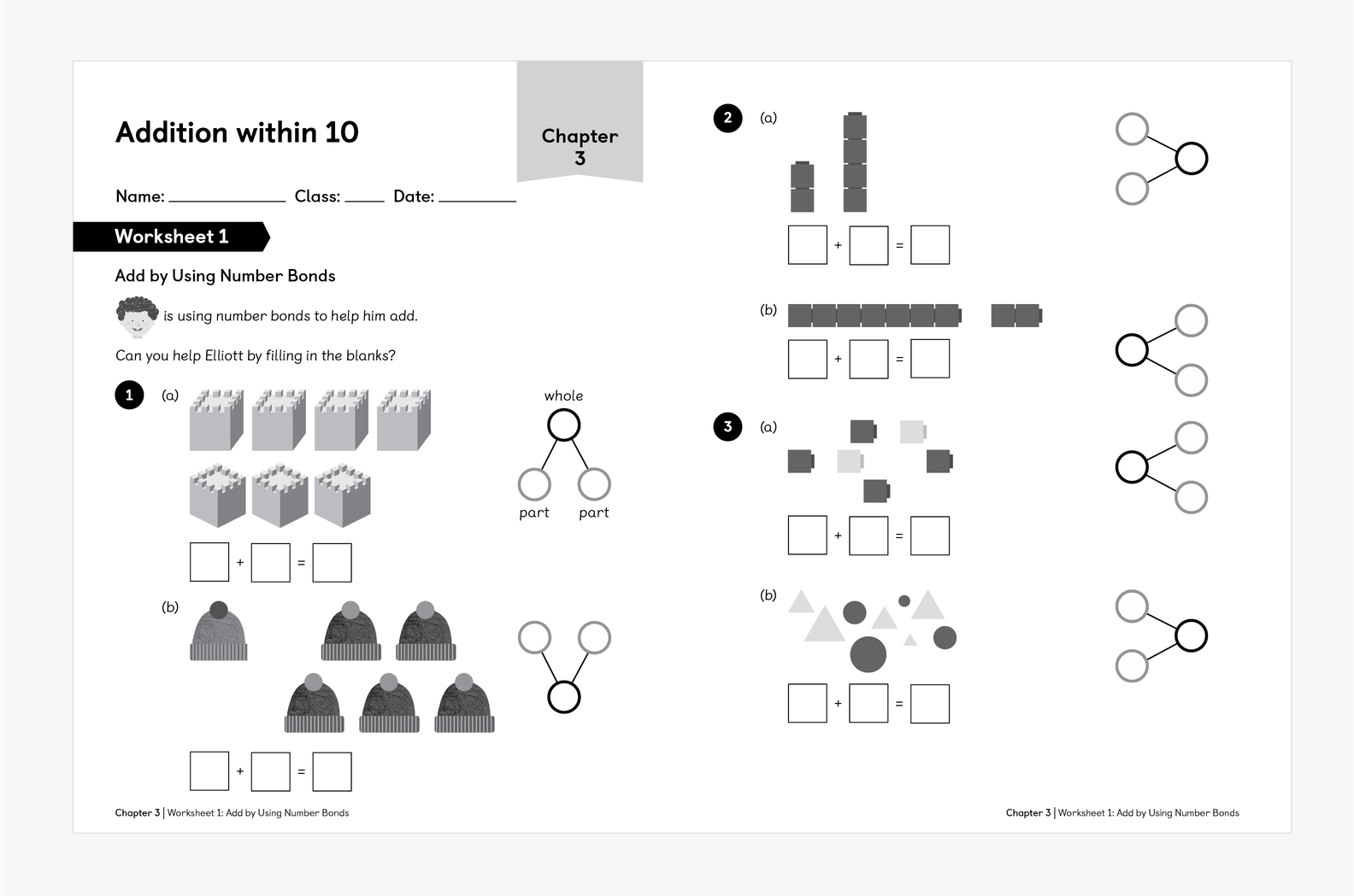 A horizontal page spread of the Maths No Problem 1A Chapter 3 workbook example