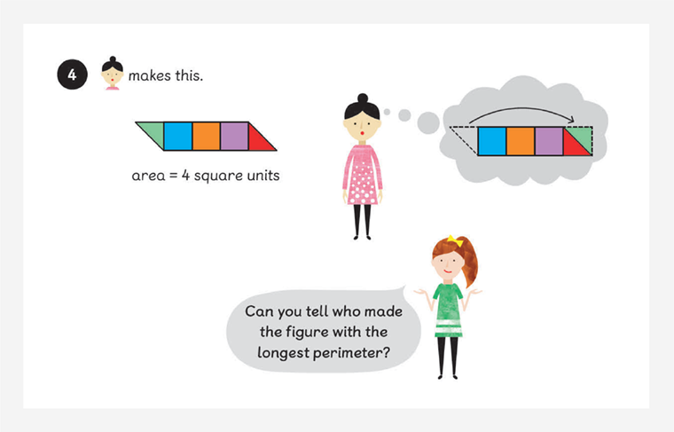 A Maths — No Problem! textbook example shows Ruby has made a figure that is 4 square units. Holly asks who made the figure with the longest perimeter