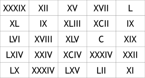 Roman Numerals bingo game