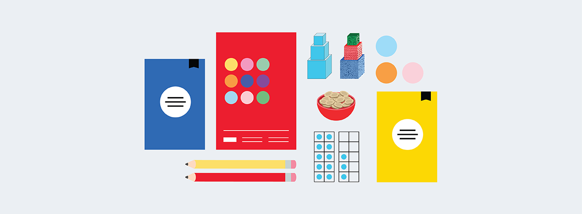 maths mastery 10 frame, pencils, counters and journals