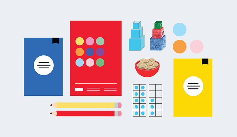 maths mastery 10 frame, pencils, counters and journals