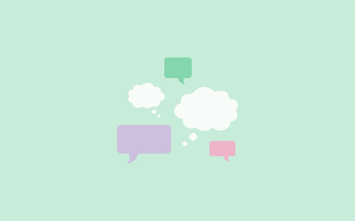 A cluster of thought and speech bubbles. 3 Speech bubbles in purple, green and pink, and 2 white thought bubbles