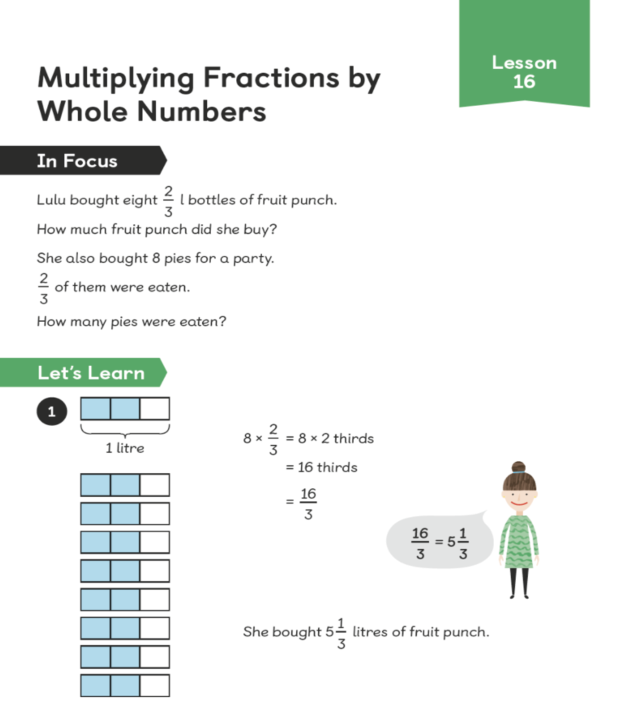 Maths mastery textbook page on multiplying fractions by whole numbers