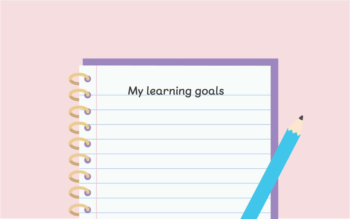 "my learning goals" written on a notepad with a blue pencil on a pink background
