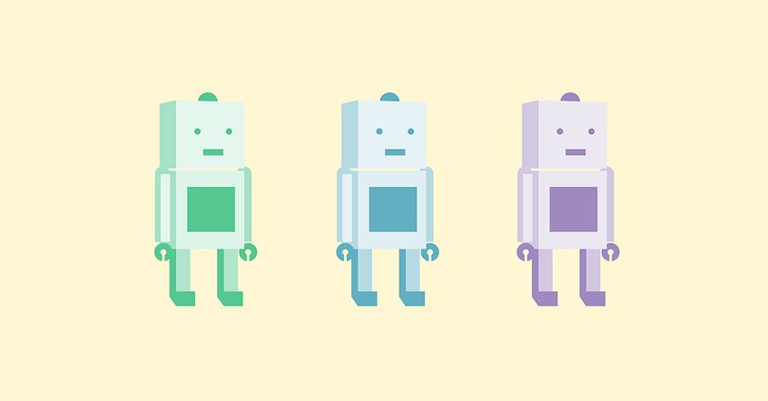 three identical robots, one green, one blue and one purple