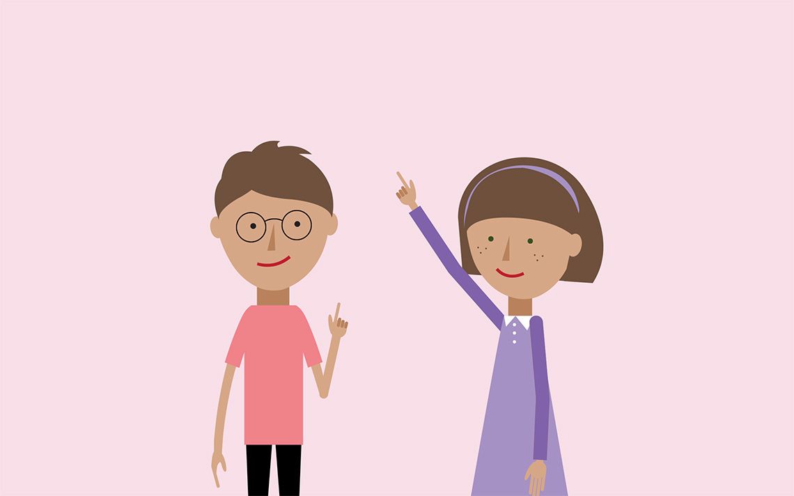 Two KS1 students mimicking behaviour on a pink background