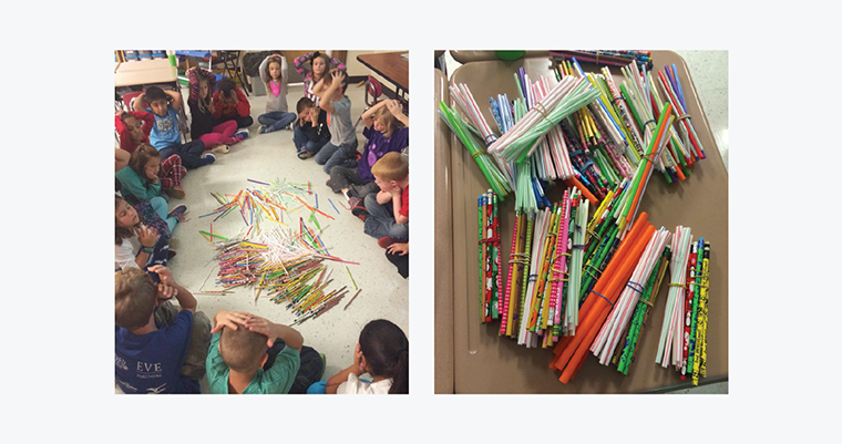 A photo of a class of students using DIY manipulatives in class and an image of the manipulatives close up