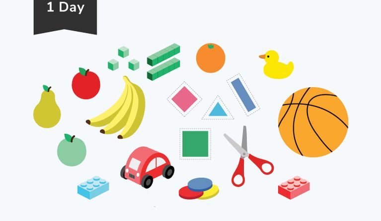 illustration of several children's objects including fruits, scissors, and shapes