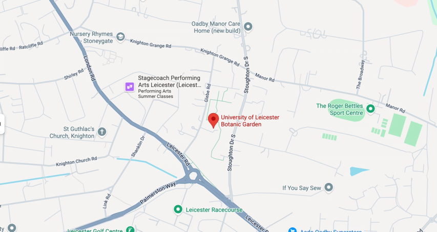 An overhead map of the University of Leicester, Botanic Gardens venue
