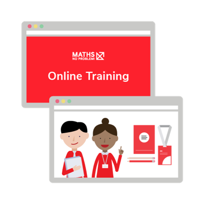 two overlapping browser windows; one with a Maths — No Problem! logo and a title that says "Online Training" and the other with two maths mastery instructors and learning resources