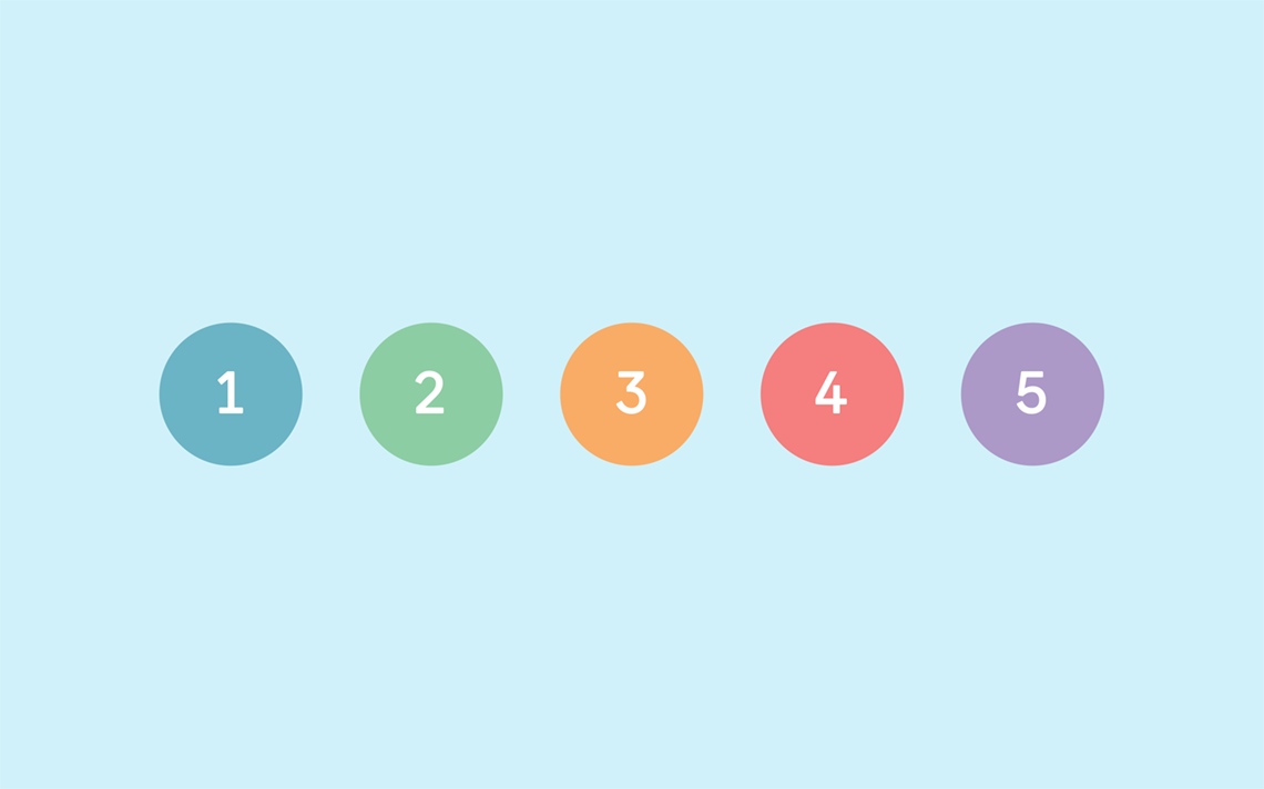 5 different coloured circles numbered from 1 to 5
