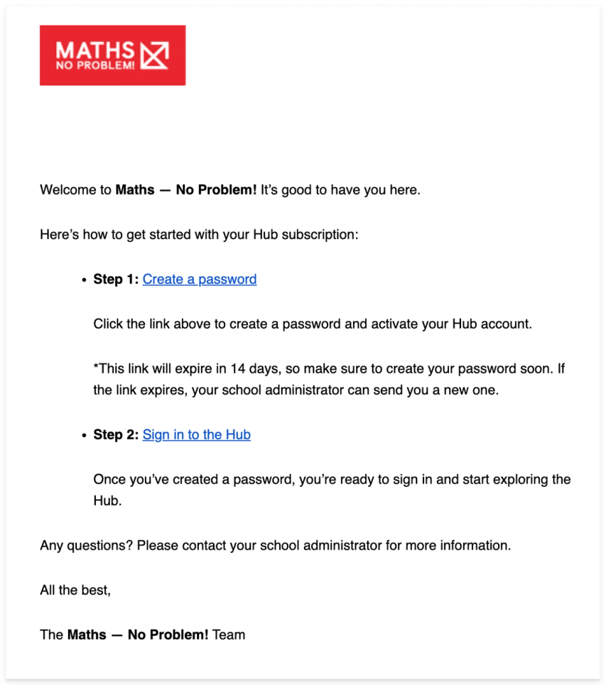 Email example for Hub Subscription