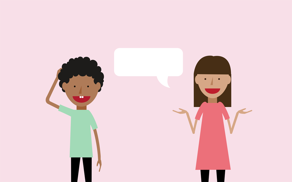 One student scratching his head while another student is explaining something, with a speech bubble