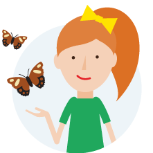 Holly, in a green dress and her red hair in a ponytail with a yellow ribbon, has two butterflies floating above an opened hand