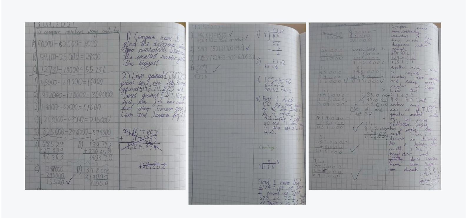 Three pages showing hand written maths journaling